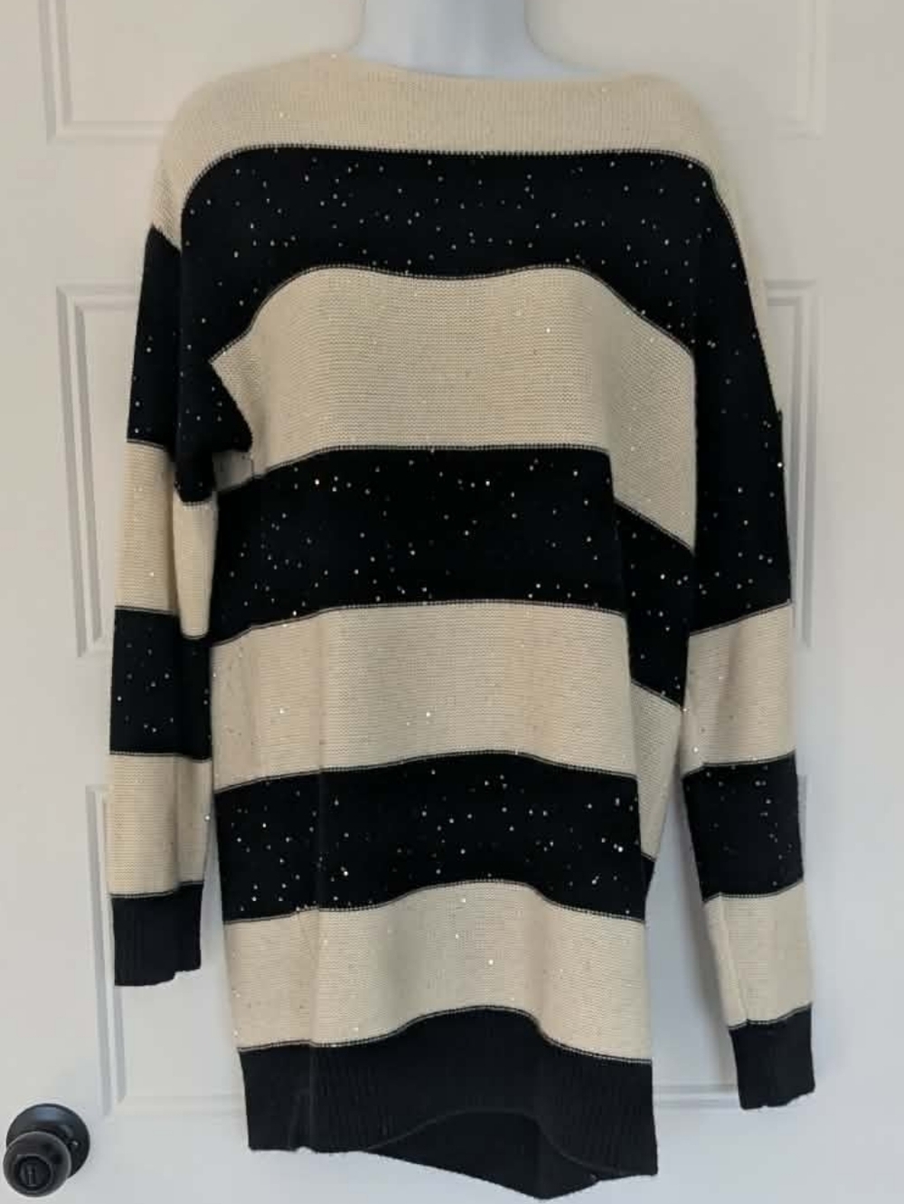 100% Cashmere Long Sweater Sequin Stripe Paris Chic M/L Soft Luxury Knit